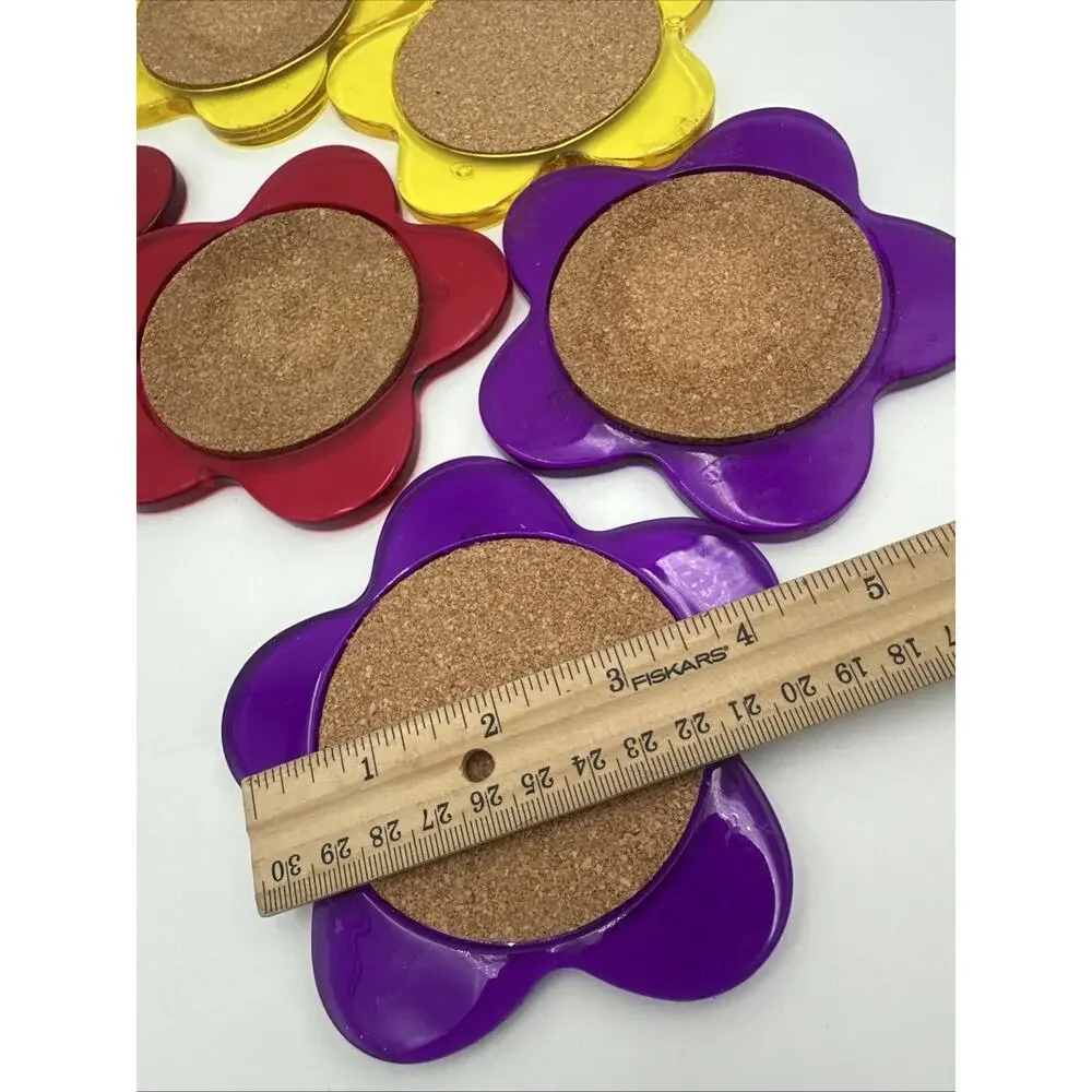 Set Of 8 Vintage Acrylic Multicolor Flower Coasters